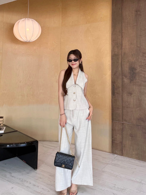 Two Piece Turn Down Collar Single Breasted Button Top with Trouser